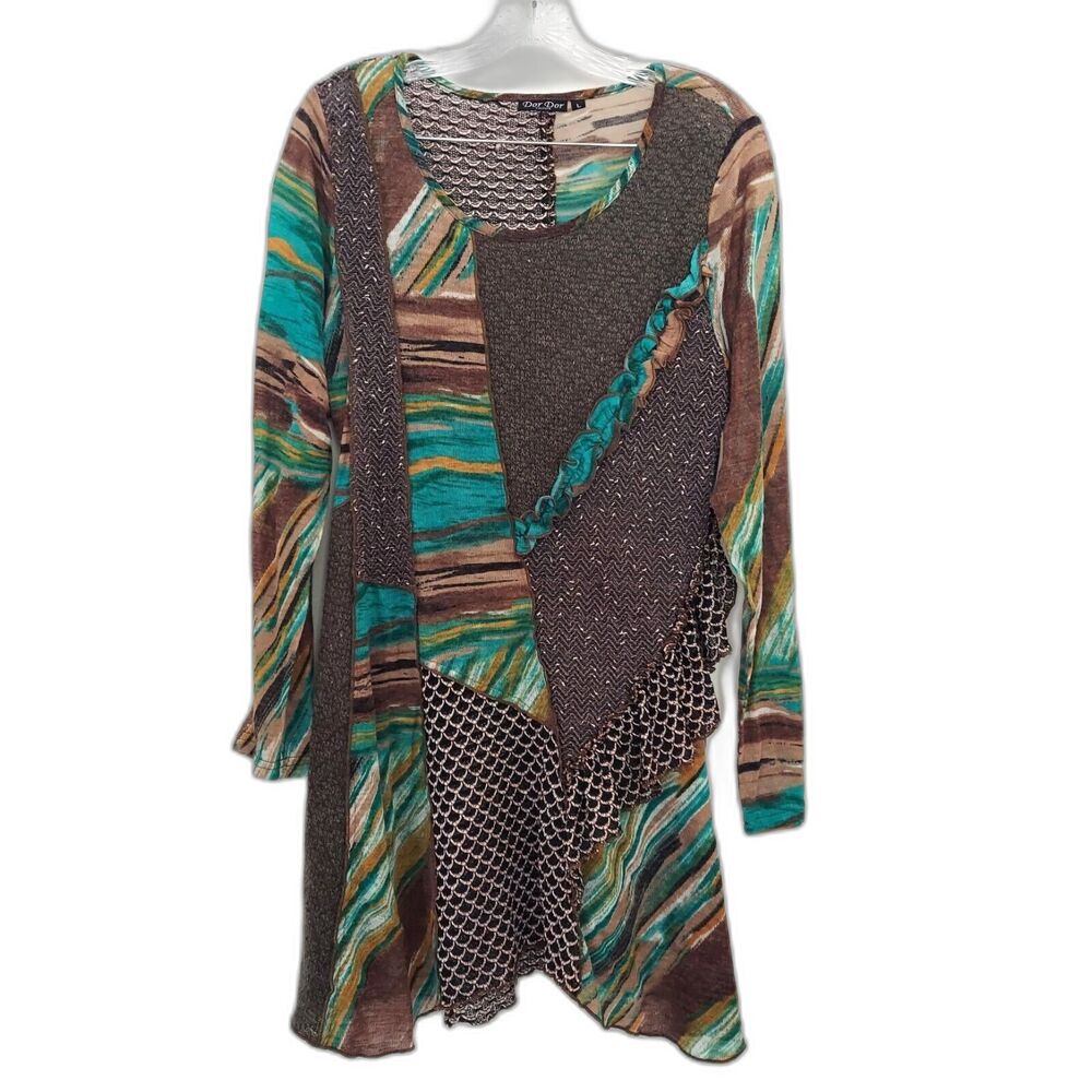 DorDor Couture Tunic Top Dress Large Mix Print Patchwork Retro Neutral